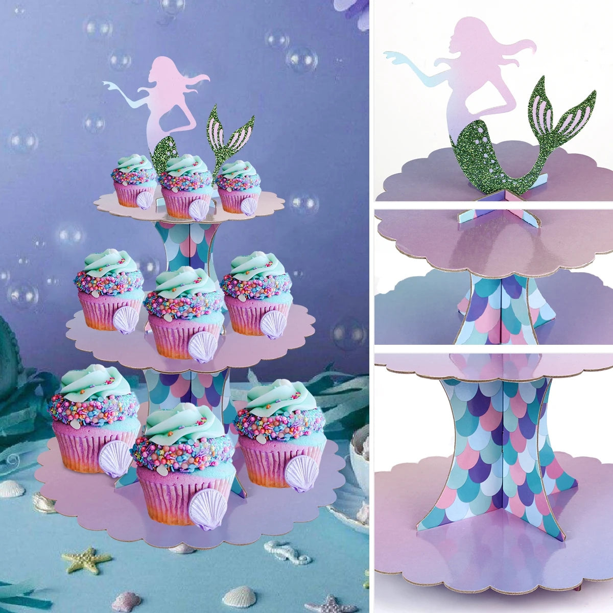 Soporte para Magdalenas con Cola de Sirena, Bajo el Mar, Suministros para Fiesta de Cumpleaños de la Sirenita, Decoración para Fiestas de Boda y Cumpleaños, Baby Shower para Niños