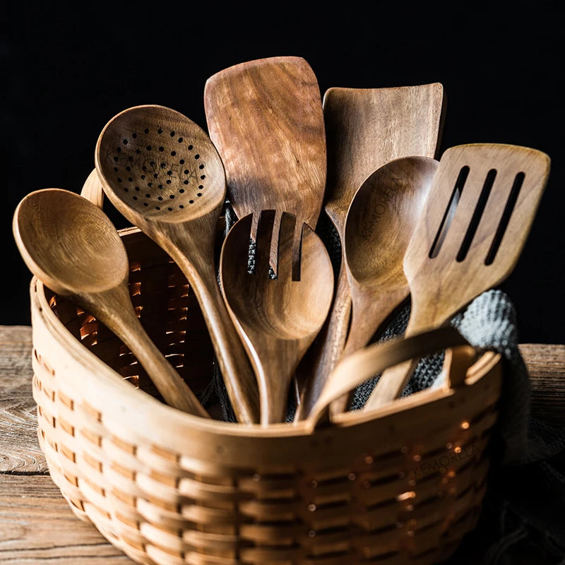 9 ustensiles de cuisine en bois, ensemble d'ustensiles de cuisine en teck avec support, cuillères en bois pour la cuisine