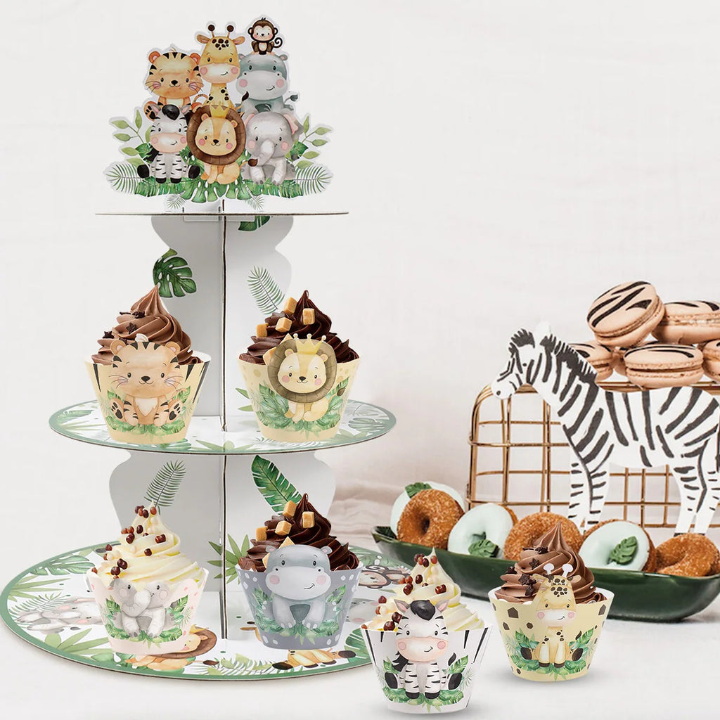 Présentoir à cupcakes Safari Animaux de la Jungle Décorations de Fête d'Anniversaire Baby Shower Support à Gâteaux Fournitures de Fête d'Anniversaire Thème Animaux Sauvages pour Enfants