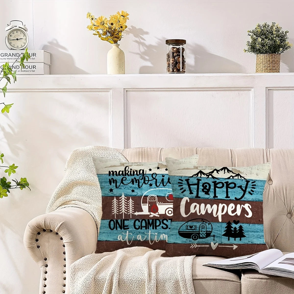 VIKAMA Funda de almohada con temática de camping, funda de cojín decorativa estilo campestre, para sofás, caravanas, campamentos, decoración del hogar del dormitorio