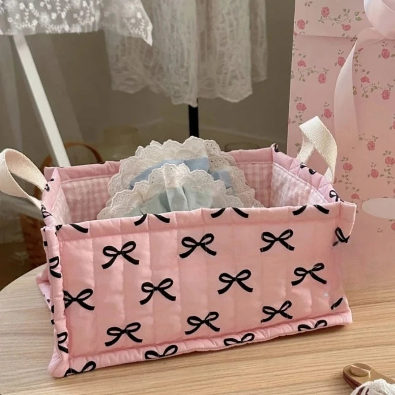 Cesta de almacenamiento cuadrada con encaje y flores, organizador de escritorio, cesta de almacenamiento acolchada coreana, bonita cesta de almacenamiento, decoración del hogar