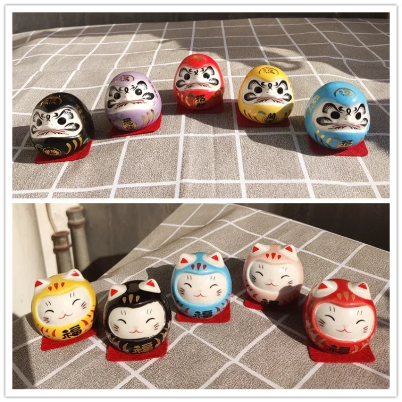 Figurine de Daruma en céramique japonaise, chat porte-bonheur de dessin animé, ornement de fortune, accessoires de décoration de paysage pour la maison, cadeaux de décoration de salon