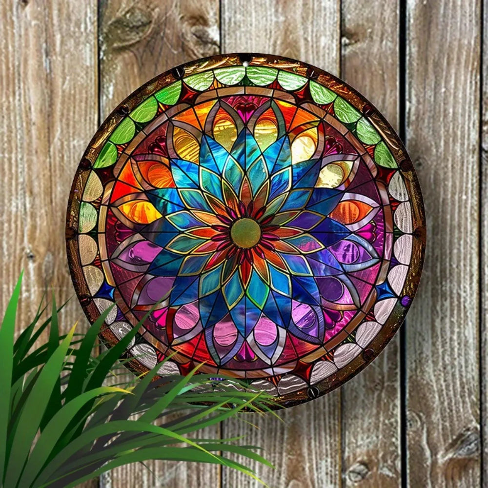 Pancarte Ronde en Aluminium Mandala 8" - Décoration Murale Résistante aux UV et Imperméable, Art Nouveau pour Salon et Patio