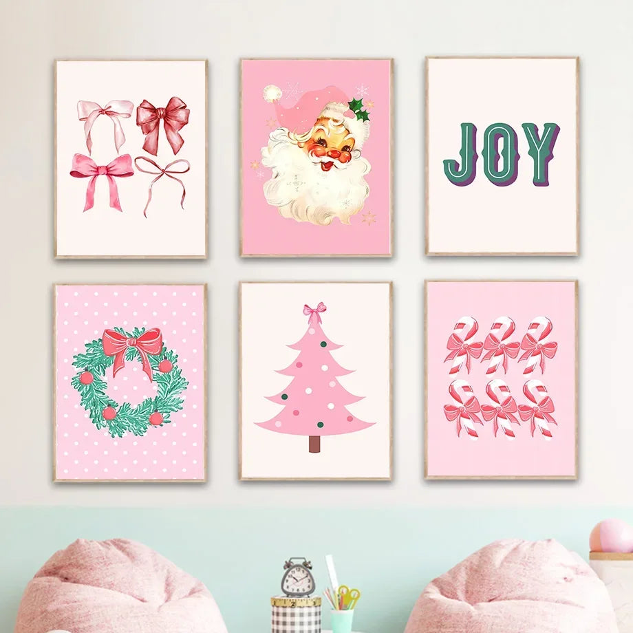 Art mural moderne simple, sapin de Noël rose, Père Noël, impression sur toile HD, affiche pour la maison, le salon, la chambre à coucher