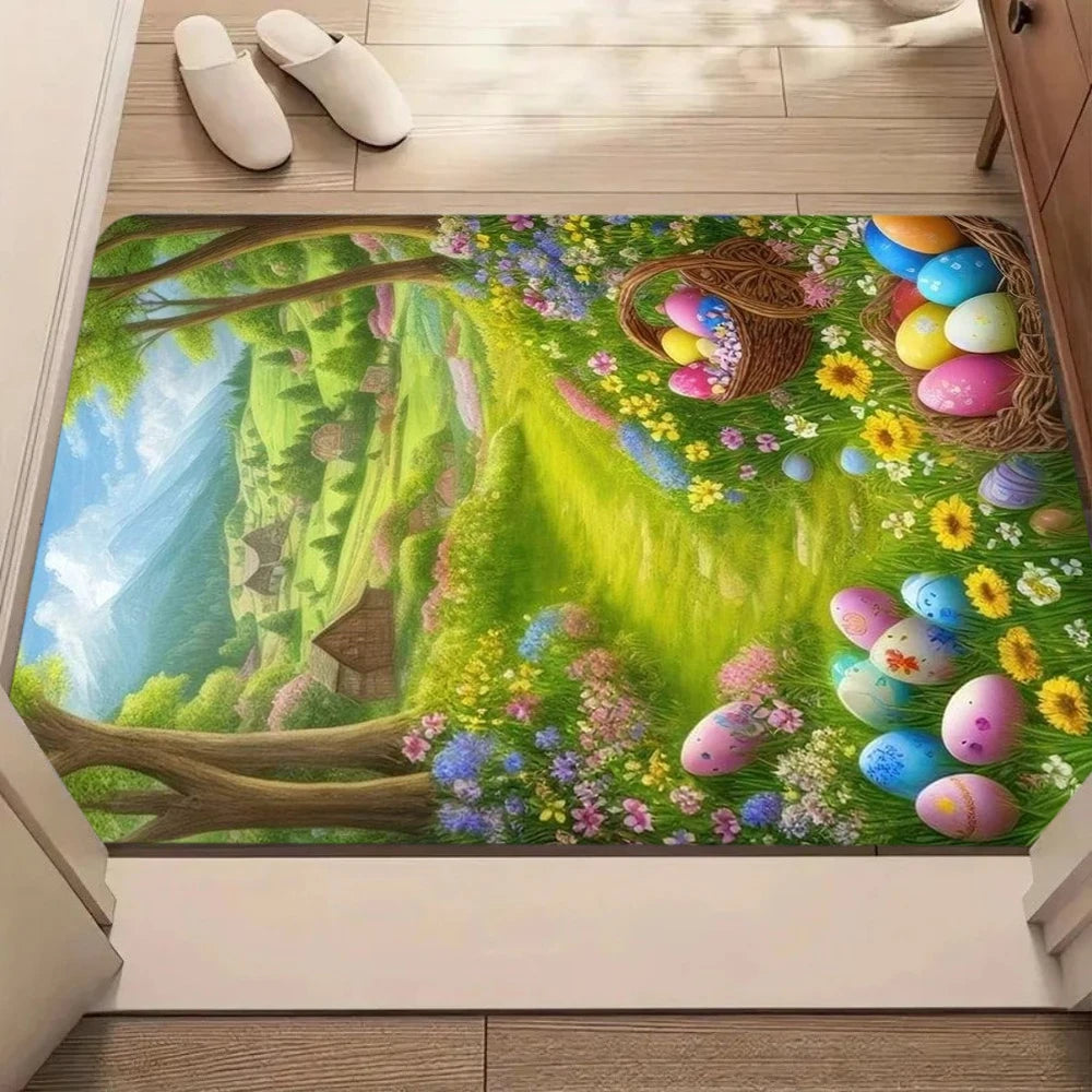 Tapis de bienvenue de Pâques, lapin de Pâques, œuf de Pâques, motif de lapin et de plante, paillasson de salon et chambre à coucher, tapis décoratif doux et antidérapant