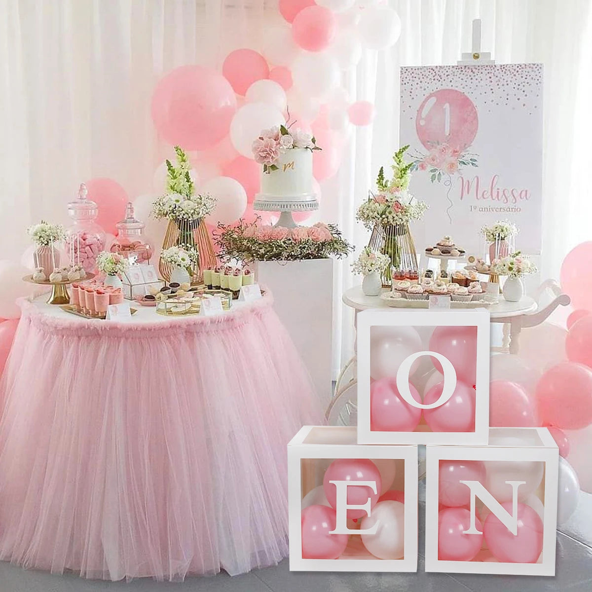 Boîtes de Ballons d'Anniversaire Pour Décorations de Fête 1er Anniversaire Joyeux Anniversaire Blocs de Ballons Décoration avec Lettre ONE Garçon Fille Décoration de Baby Shower
