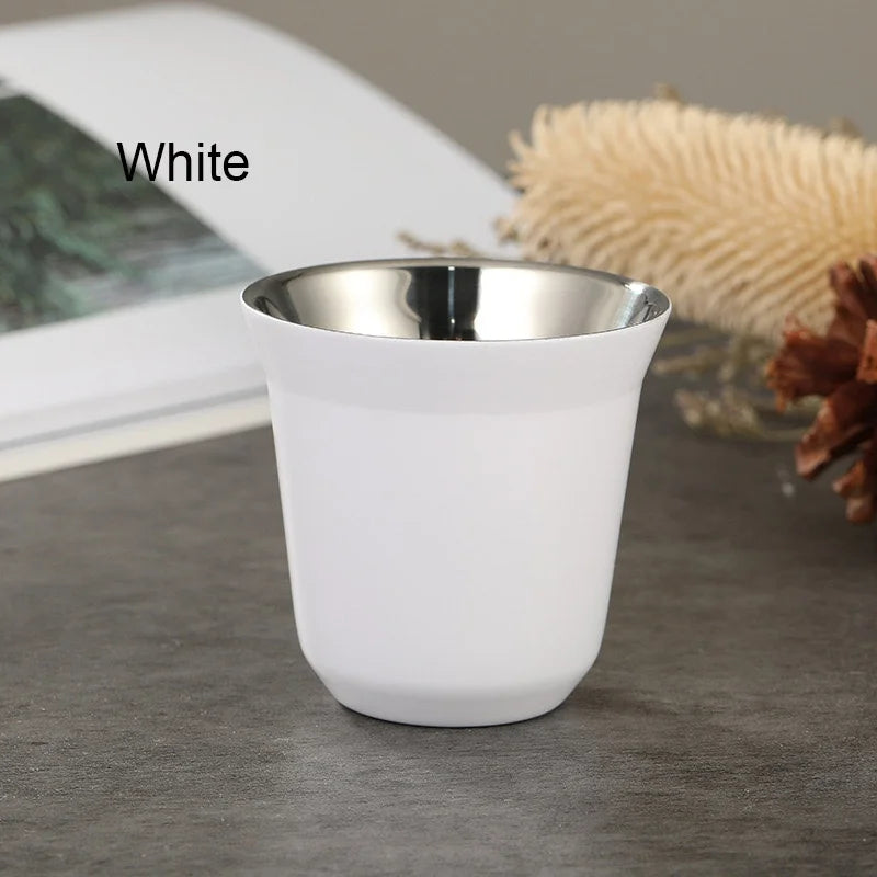 Nouvelle tasse à café capsule à double paroi en acier inoxydable, fond plat, simple et estival, couleur unie de haute qualité.