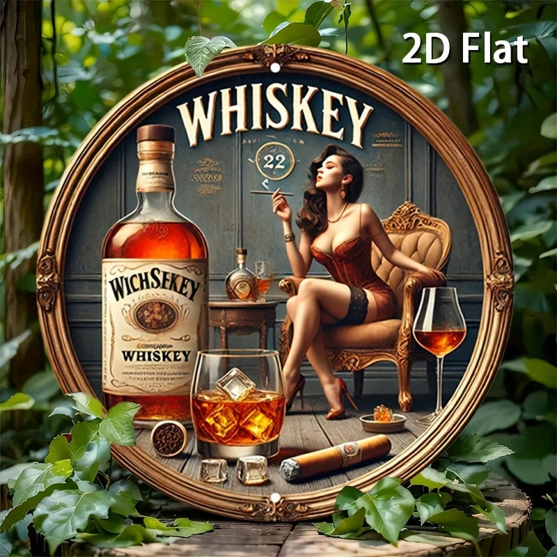 1 letrero de metal redondo vintage con temática de whisky - Diseño de logotipo inspirado en mujer del whisky y James Bond, arte de whisky escocés y bourbon