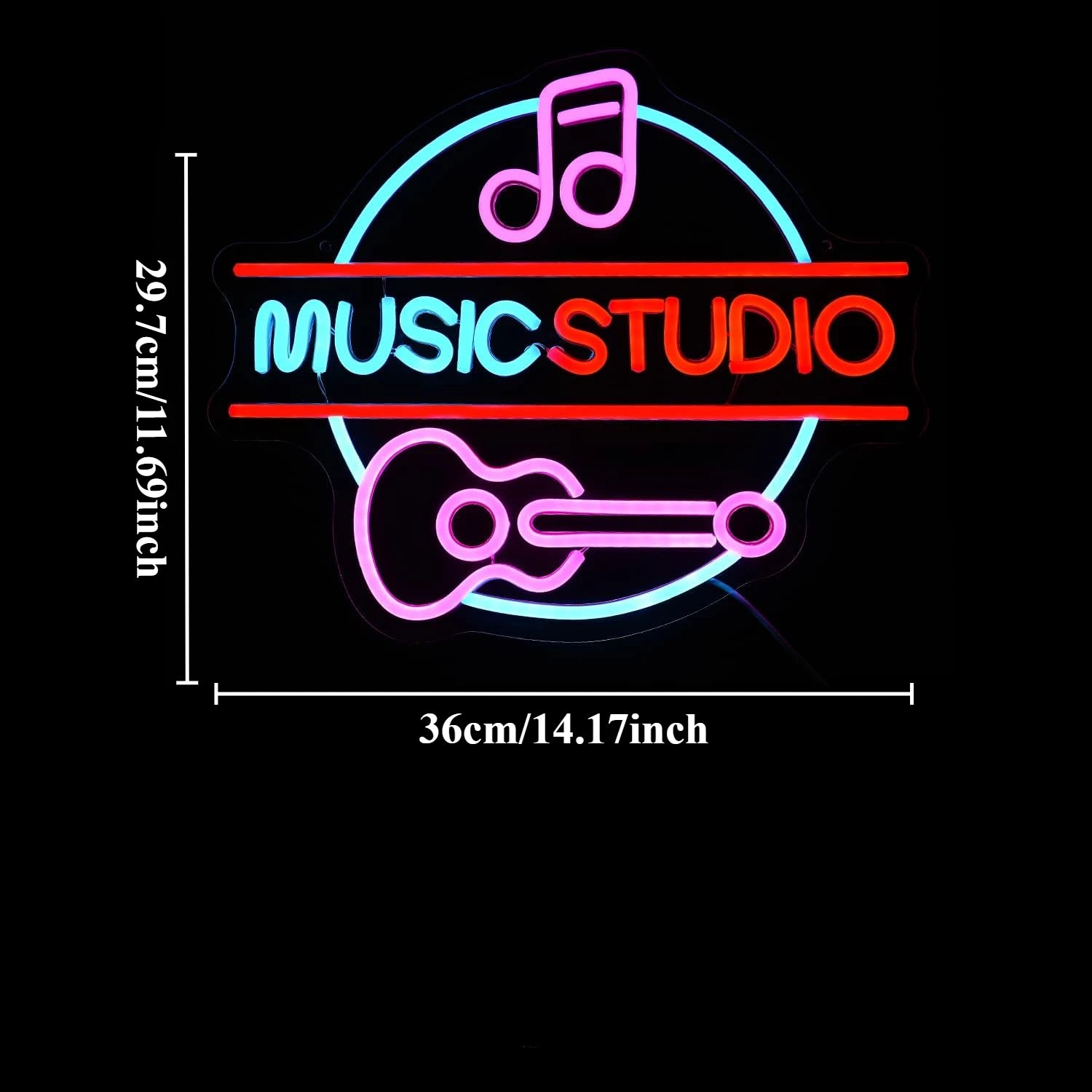 Music Studio Neon Sign with Pink Note and Guitar for Home Studio Bar Band Room Vintage LED Wall Art Glowing Decoration