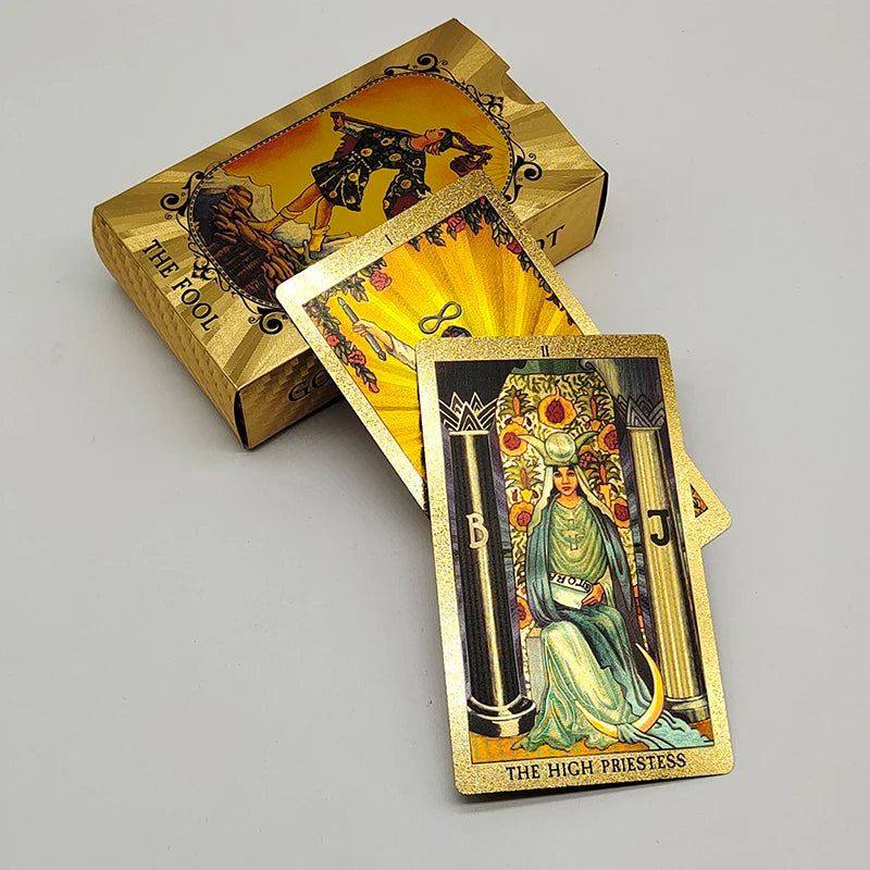 Magnifiques Cartes de Tarot en Plastique Doré Merveilleux Jeux de Société de Divination Prédictive Jeu d'Oracle Astrologique Étanche avec Livret