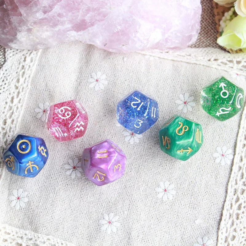 Jeu de 3 dés de 22*22mm à 12 faces, en perle/transparent, signes astrologiques du zodiaque, pour la divination des constellations