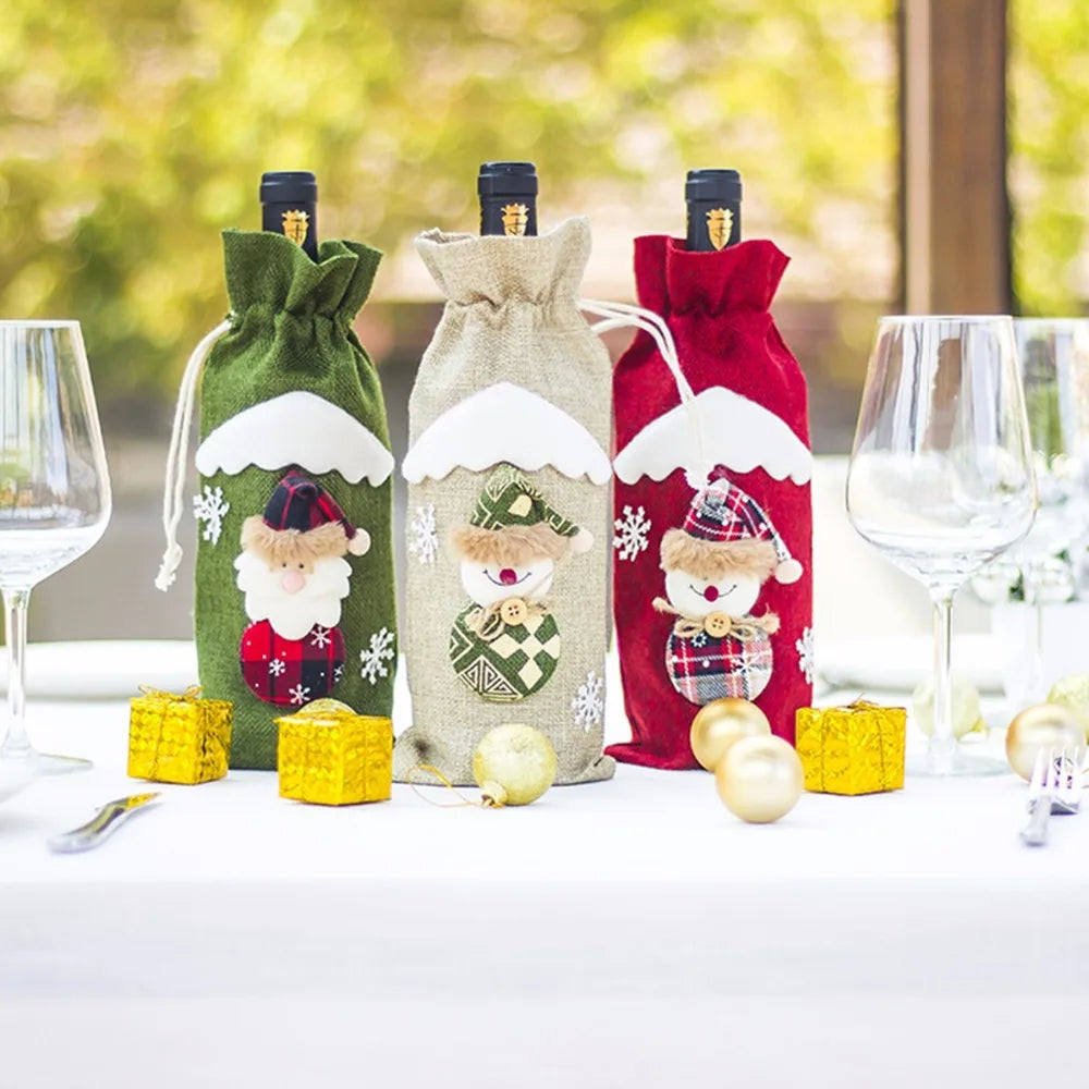 Décoration de Noël joyeuse pour la maison 2024 Housse de bouteille de vin Père Noël Chaussette bonhomme de neige Porte-cadeaux Décoration de Noël Nouvel An