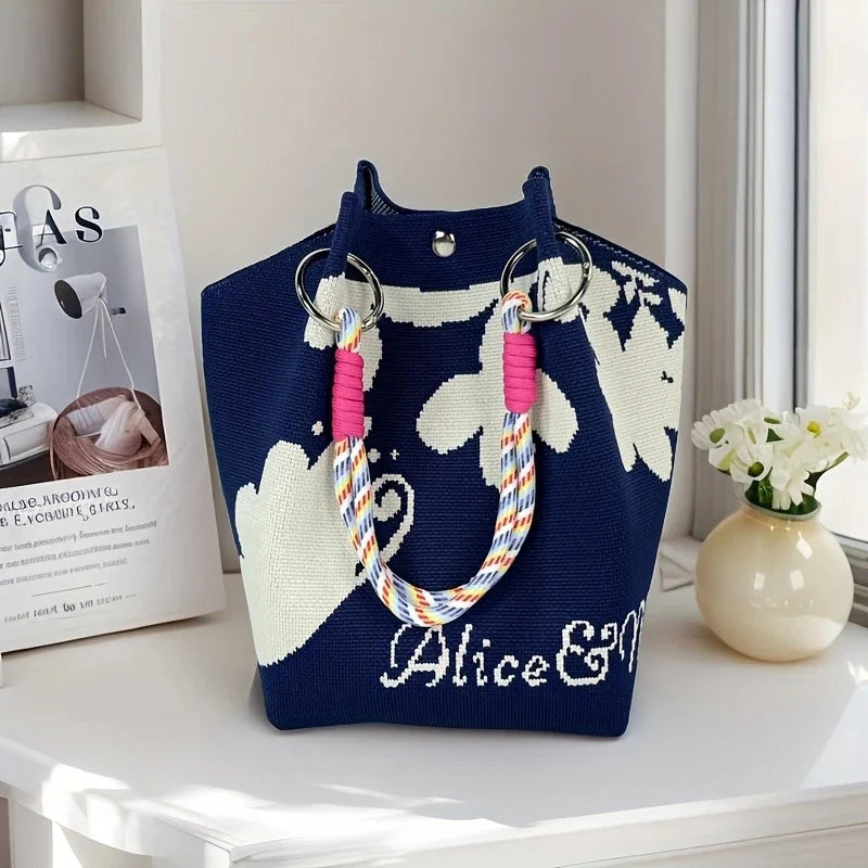 Bolso tote de punto vintage floral para mujer, bolsa de almacenamiento ligera con correas ajustables y anillos de metal, cierre de broche para viajes casuales