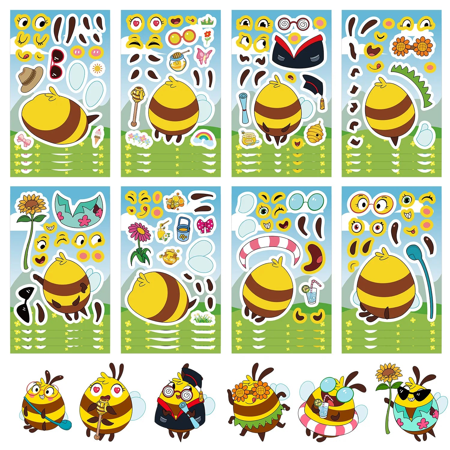 8/16/24PCS Juguete Pegatinas de Rompecabezas Expresiones de Abejas de Dibujos Animados Haz Pegatinas de Caras Manualidades DIY Pegatinas Impermeables