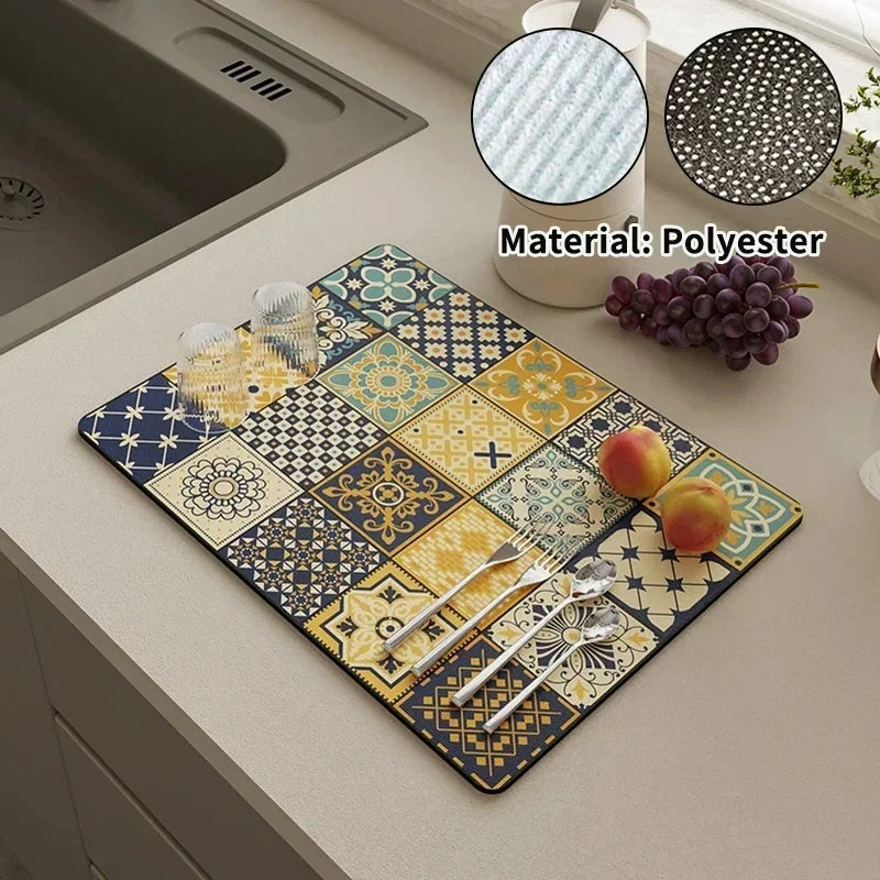 VIKAMA Mantel Individual Súper Absorbente de Mármol Negro para Secar Platos, Alfombrilla Antideslizante para Botellas de Cocina, Vajilla de Lujo para Tetera, Bar, Mostrador