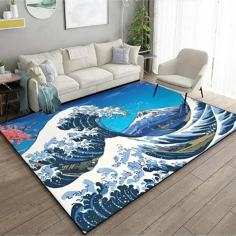 VIKAMA Alfombra de estilo japonés Ukiyo-e para vestíbulo, alfombrilla para balcón, cocina, sala de estar, dormitorio con motivo de la Gran Ola de Kanagawa
