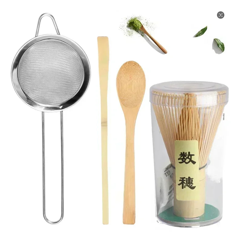 4Pcs Matcha Whisk Set Handmade Bamboo Matcha Whisk Traditional Tea Scoop Deep Scoop Tea Strainer Clear Whisk Storage Holder