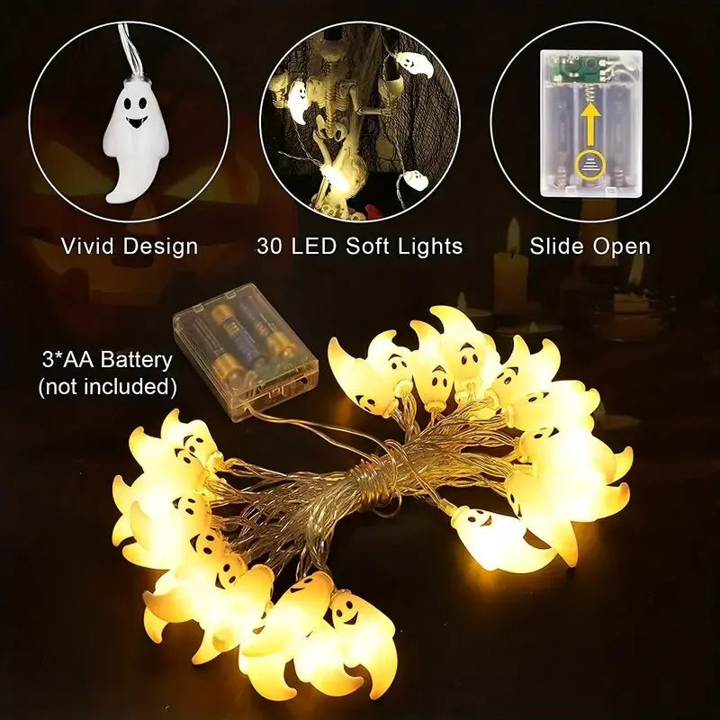 Guirlande lumineuse LED d'Halloween à piles, lampe de décoration intérieure extérieure, lumières fantômes pour la maison, les fêtes, les festivals