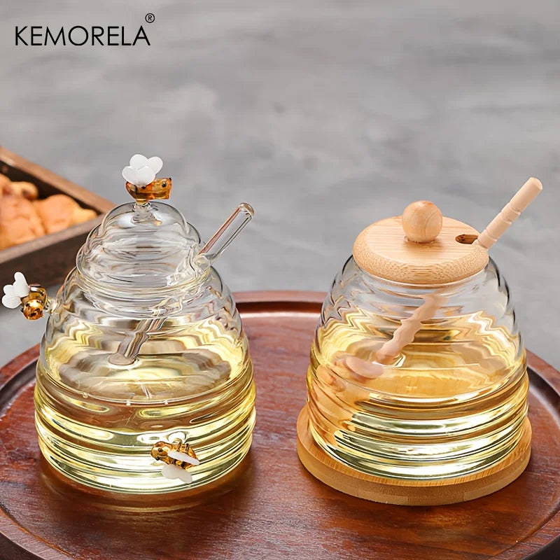 KEMORELA Tarro de Cristal Nido de Abeja Herramientas de Cocina Contenedor de Miel con Cucharón y Tapa Botella de Miel para Fiesta de Boda Comedor