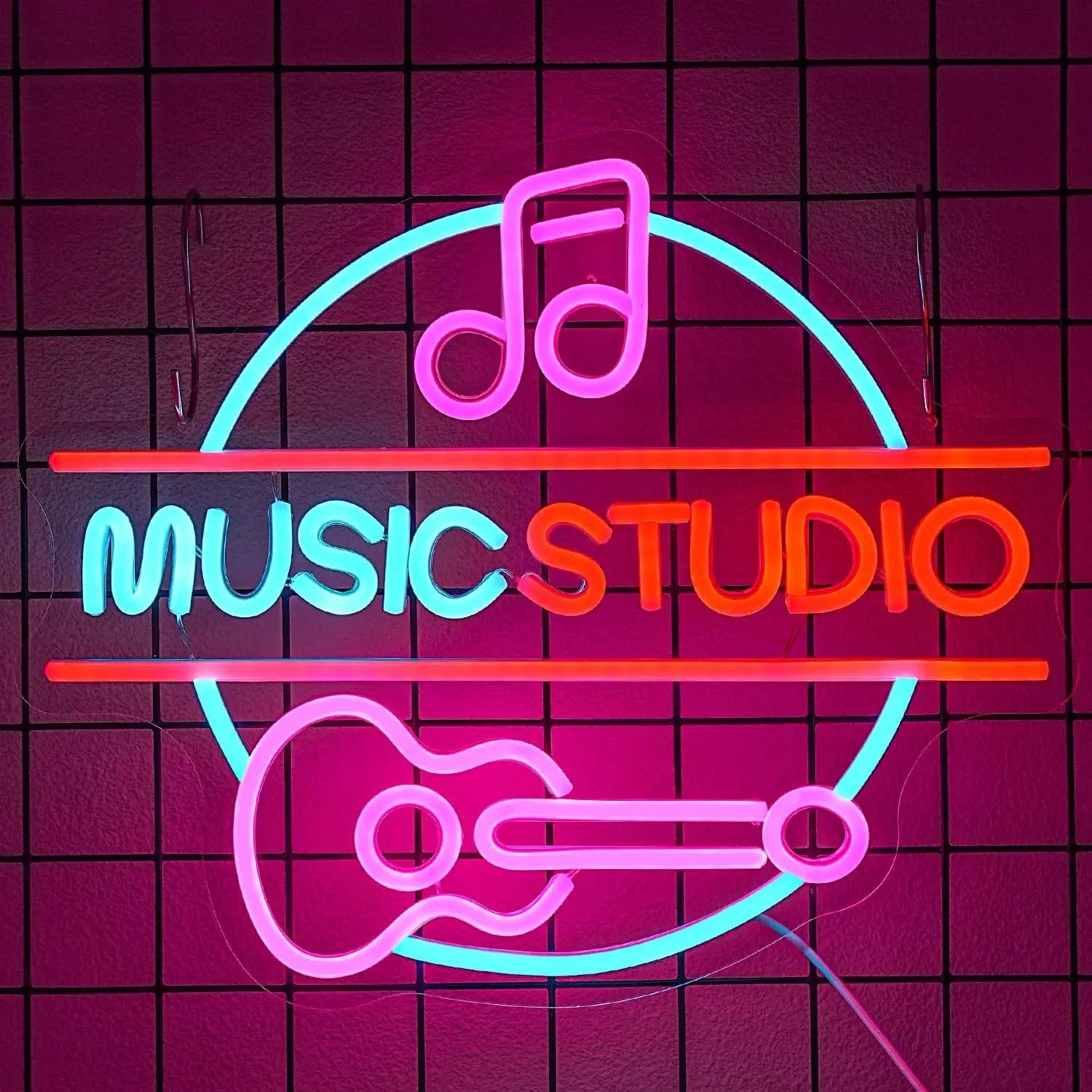 Music Studio Neon Sign with Pink Note and Guitar for Home Studio Bar Band Room Vintage LED Wall Art Glowing Decoration