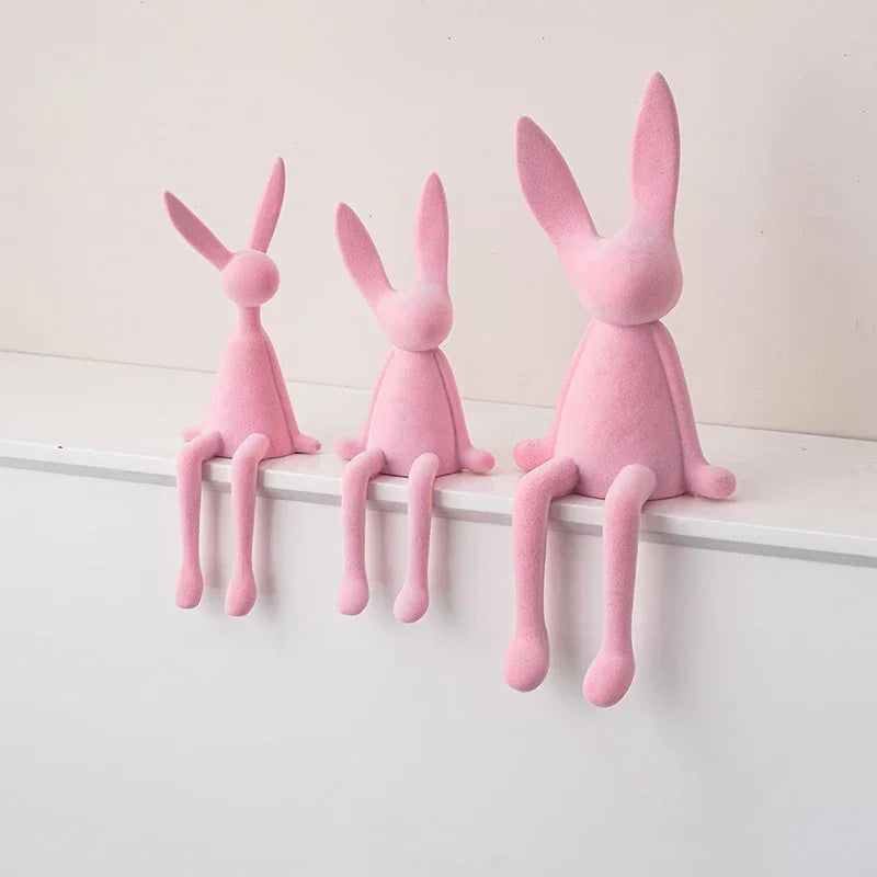 Estatua de conejo flocado de resina, escultura de animal, decoración de conejo hecha a mano, bonita figura de regalo de Pascua, elegante adorno de mesa