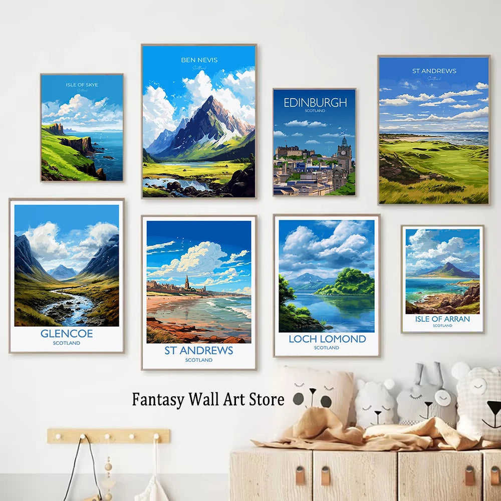 Escocia Tierras Altas St Andrews Edimburgo Glencoe Póster de Viaje Escocia Paisaje Estético Decoración de Pared Impresiones en Lienzo Regalo de Viaje