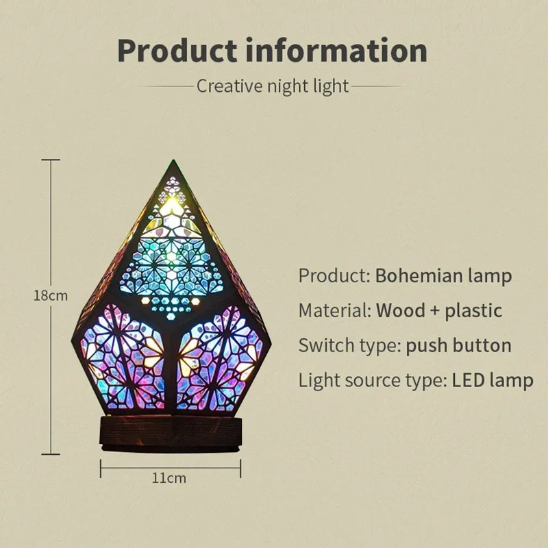 Lámpara de Noche LED Hueca de Madera con Proyección  Lámpara de Escritorio con Proyector Bohemio Colorido Decoración del Hogar Iluminación de Ambiente Festivo