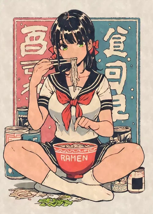 Cat Ear Anime Girl Eating Ramen Poster Aesthetic Anime Ramen Art Prints Japanese Style Cartoon Decor Sexy Girl Canvas Painting