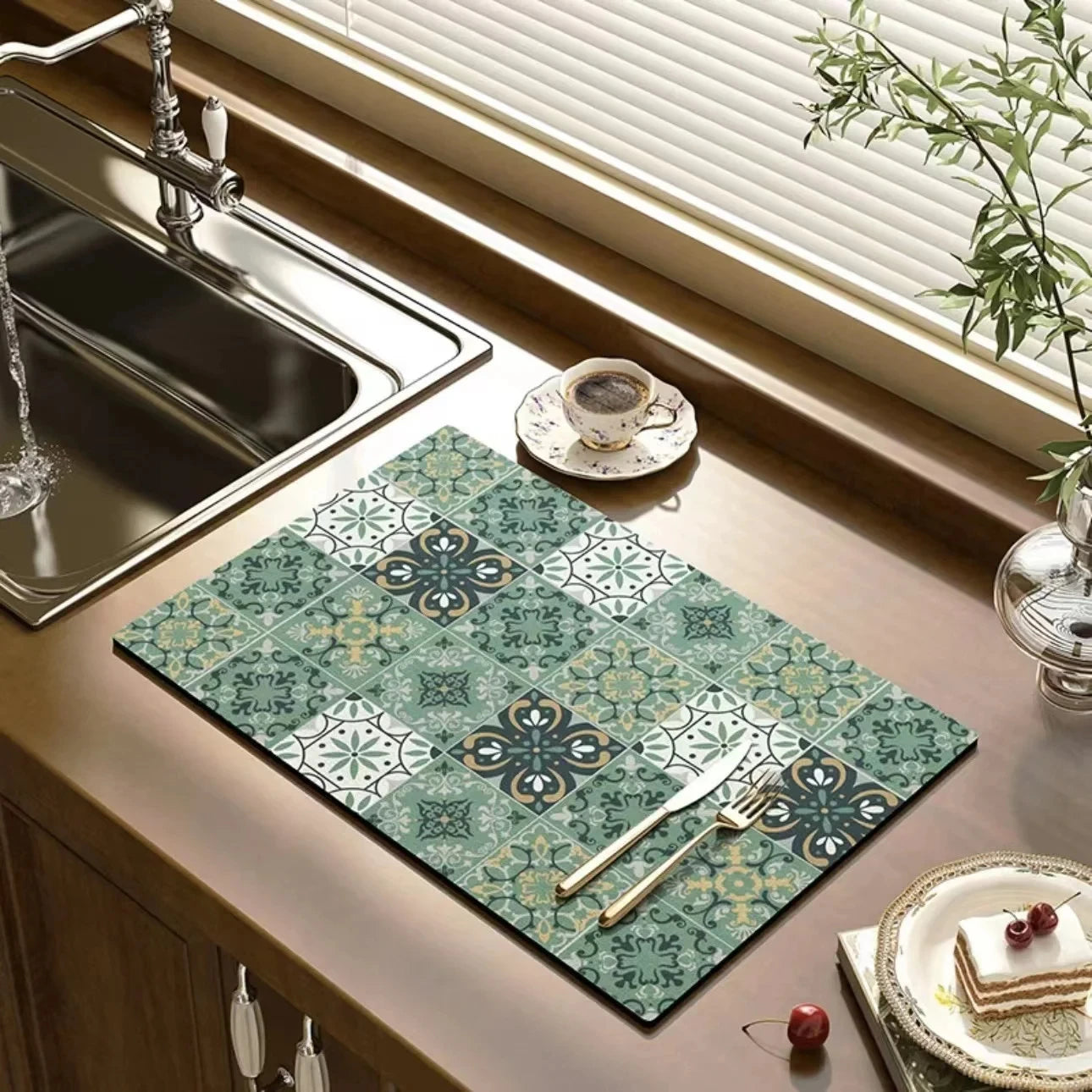 VIKAMA Mantel Individual Súper Absorbente de Mármol Negro para Secar Platos, Alfombrilla Antideslizante para Botellas de Cocina, Vajilla de Lujo para Tetera, Bar, Mostrador