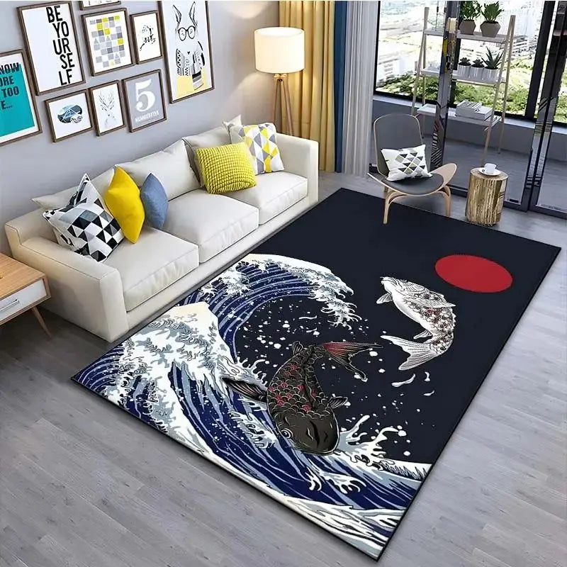 VIKAMA Alfombra de estilo japonés Ukiyo-e para vestíbulo, alfombrilla para balcón, cocina, sala de estar, dormitorio con motivo de la Gran Ola de Kanagawa