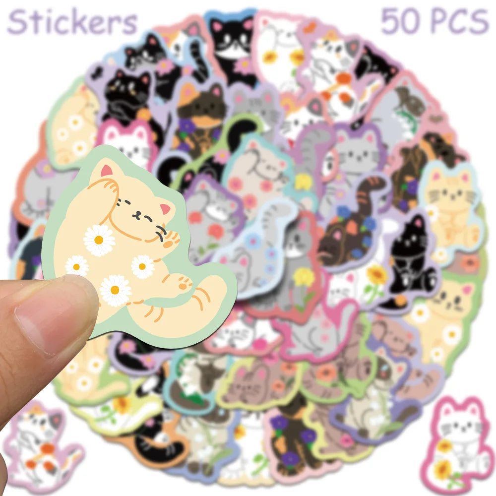50 autocollants de dessin animé mignon chat pour ordinateur portable, scrapbooking, bagages, guitare, casque, autocollants esthétiques graffiti DIY, cadeaux créatifs