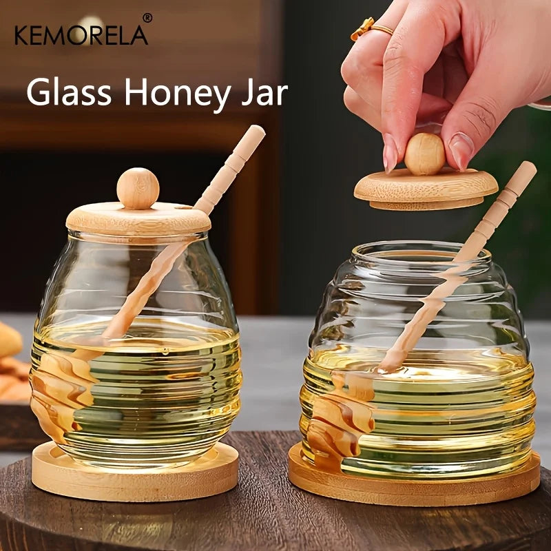 KEMORELA Tarro de Cristal Nido de Abeja Herramientas de Cocina Contenedor de Miel con Cucharón y Tapa Botella de Miel para Fiesta de Boda Comedor