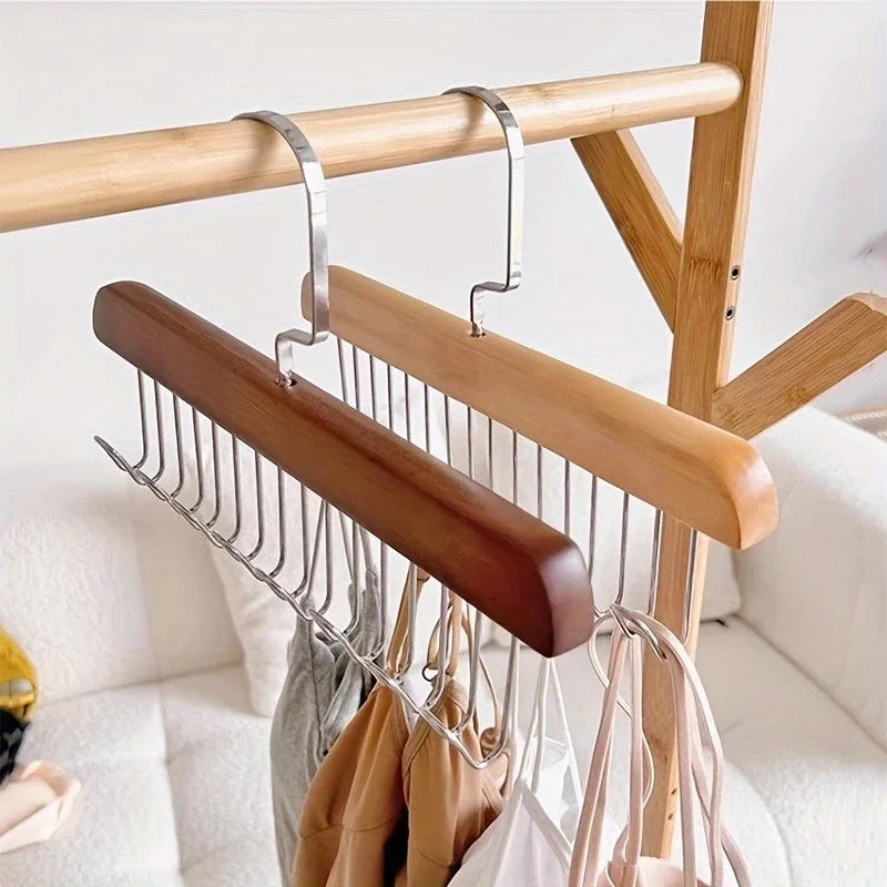 Organisateur de cintres en bois avec plusieurs crochets pour sous-vêtements, soutiens-gorge, gilets, support de rangement durable et peu encombrant pour vêtements.