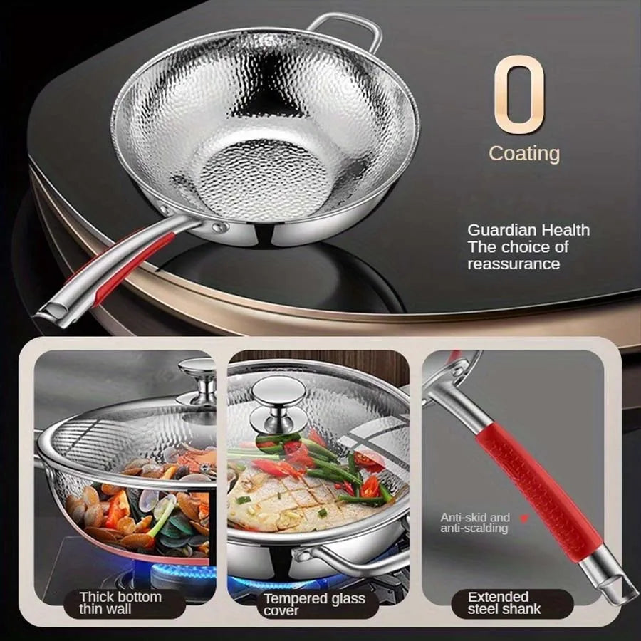 Wok de acero inoxidable de fondo redondo, sartén sin recubrimiento antiadherente, se puede usar en cocinas de inducción cóncavas, para saltear en el hogar