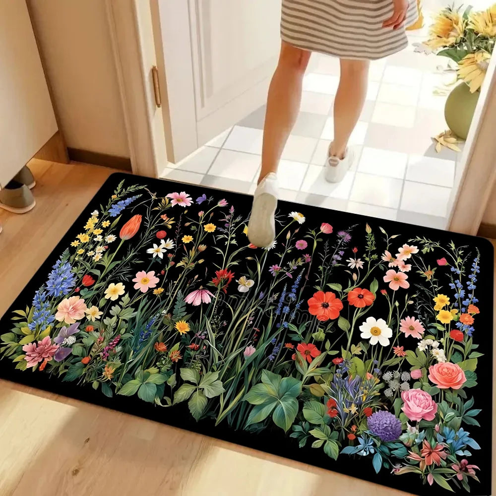 Alfombra Estampada Floral de Primavera Alfombrilla Floral Rosa para Puerta Dormitorio Cocina Sala de Estar Porche Entrada Alfombra Antideslizante