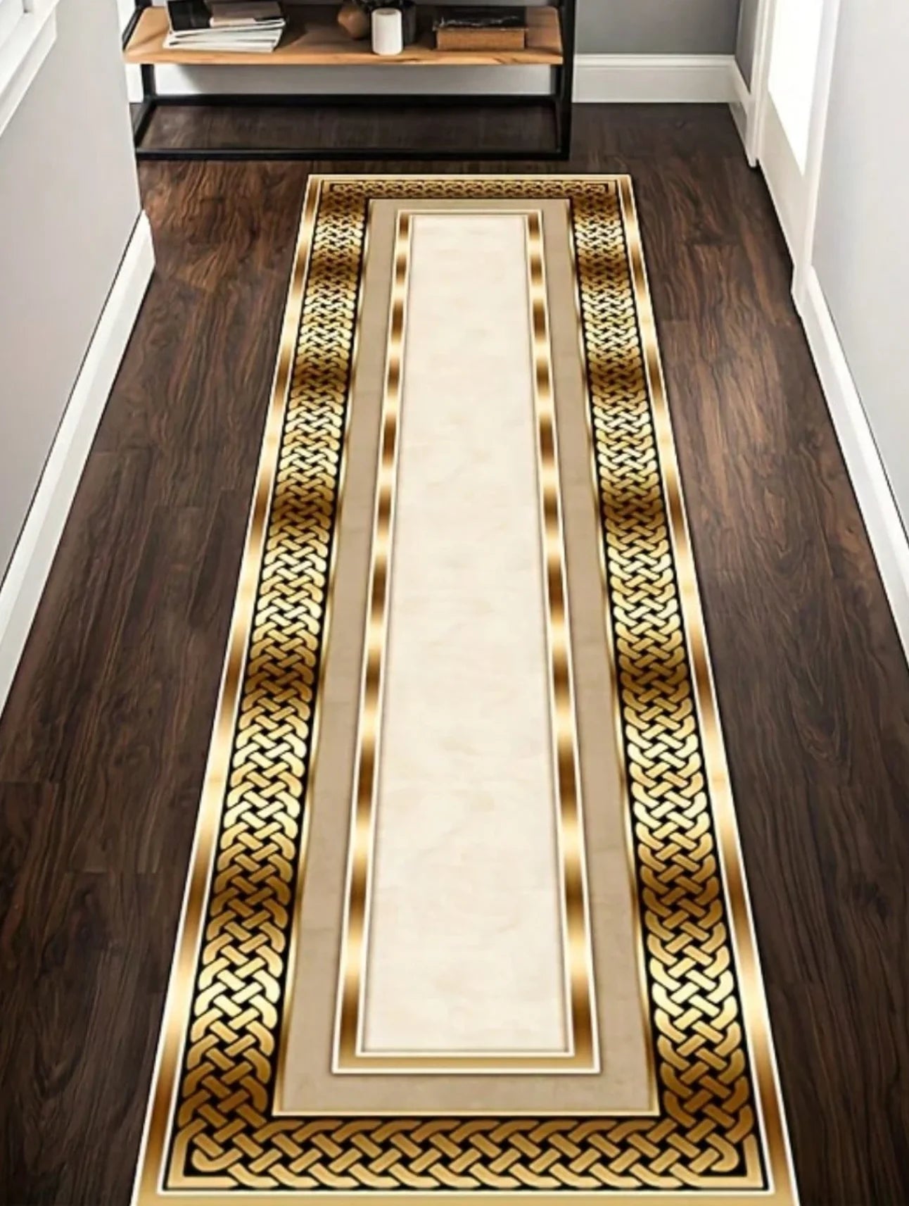 Geometric Gold Floral Feather Long Runner Rug Modern Vintage Mat Non Slip Durable for Hallway Kitchen Living Room Home Decor