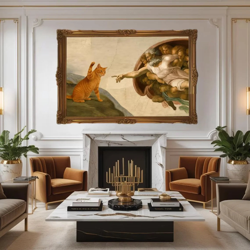 "Décor mural fantaisiste 'La Création d'Adam' avec Chat Orange - Affiche Parodie d'Art Classique pour Salon Éclectique, Originale