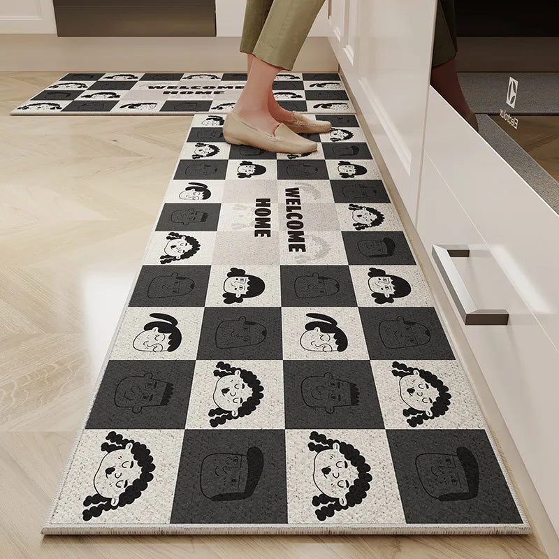 VIKAMA Alfombra de cocina de terciopelo de cristal de 1/2 pieza con diseño de dibujos animados, fácil de manejar, larga, resistente a la suciedad y antideslizante