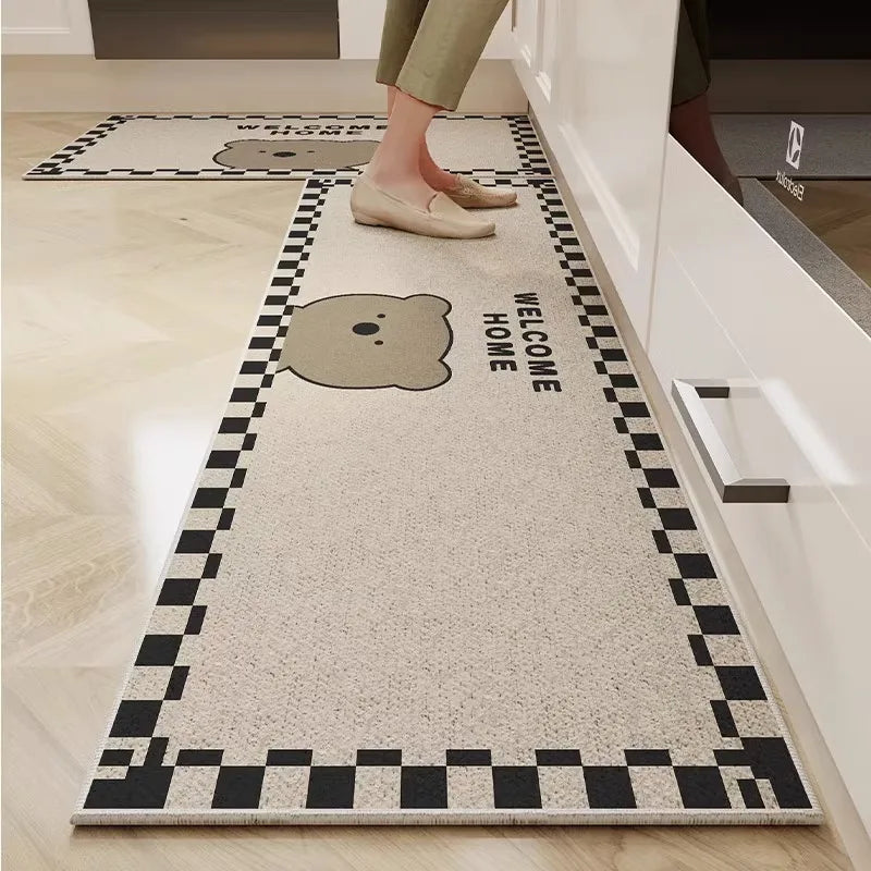 VIKAMA Alfombra de cocina de terciopelo de cristal de 1/2 pieza con diseño de dibujos animados, fácil de manejar, larga, resistente a la suciedad y antideslizante
