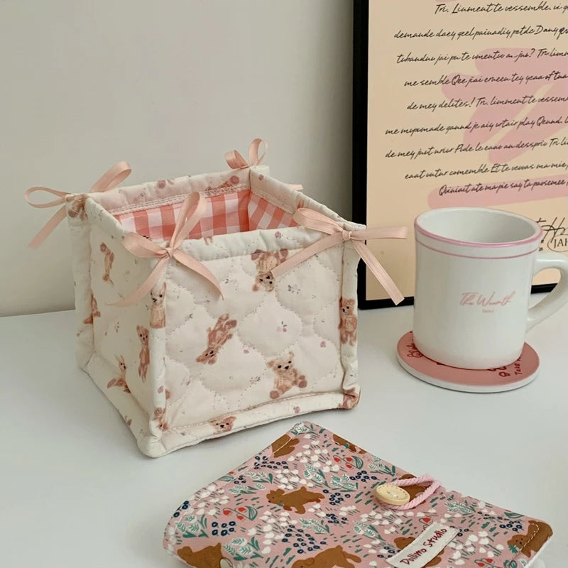 Cesta de almacenamiento cuadrada con encaje y flores, organizador de escritorio, cesta de almacenamiento acolchada coreana, bonita cesta de almacenamiento, decoración del hogar
