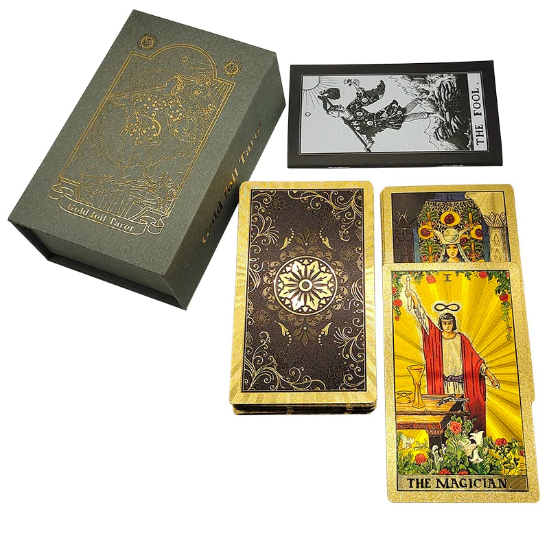 El nuevo juego de mesa de tarot New Knight Laser Gold Foil: estampado en caliente de lujo, cartas de adivinación de PVC impermeables y resistentes al desgaste.