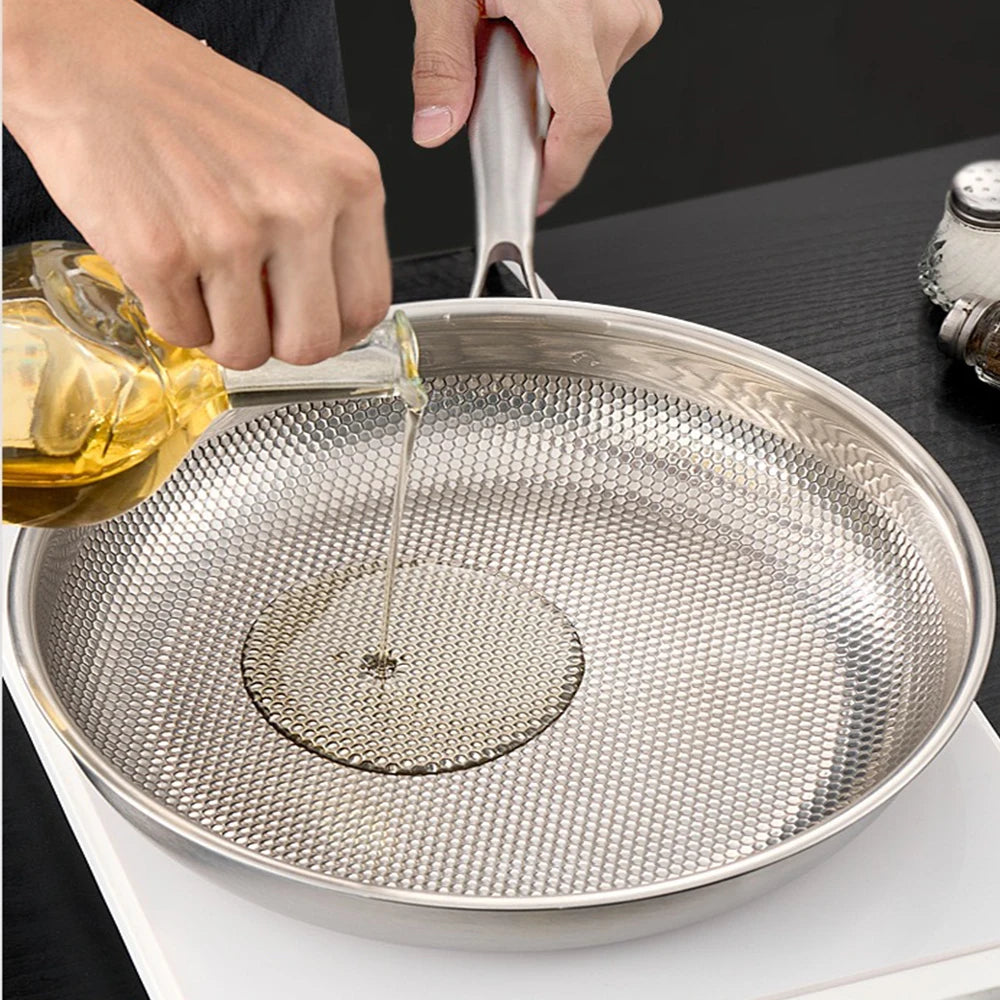 Wok en acier inoxydable 304 Poêle à frire antiadhésive Poêle à steak Ustensiles de cuisine non revêtus adaptés à la cuisinière à gaz et à l'induction