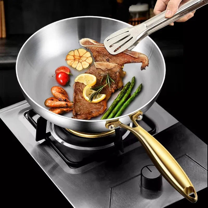 KEMORELA Sartén de Acero Inoxidable 316 con Mango Dorado Wok Antiadherente para Cocinar Filetes Olla Universal para Estufa de Gas