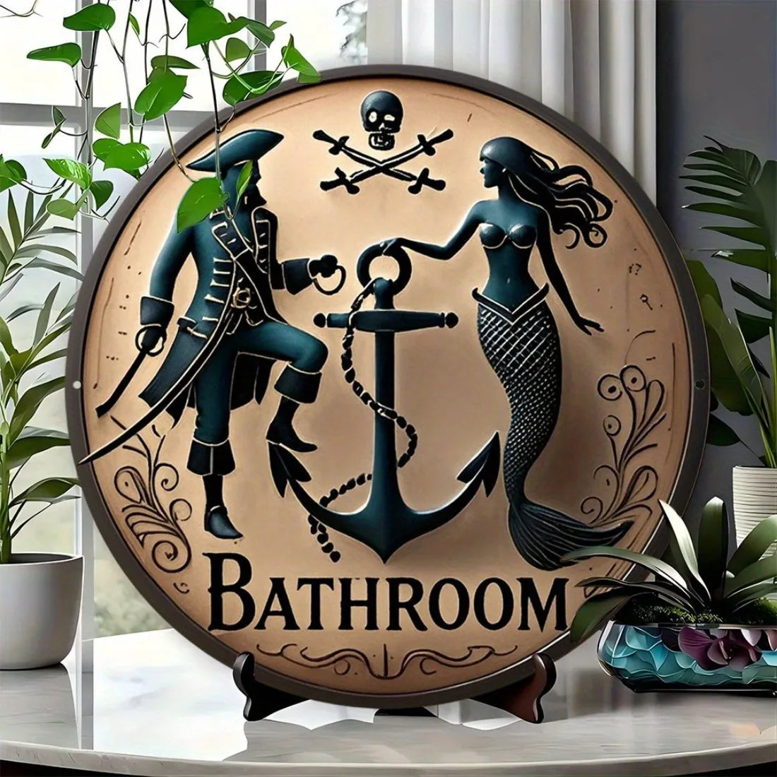 Retro Pirate Anchor Round Wall Art, Vintage Mermaid Metal Sign for Bathroom Home Outdoor Decor