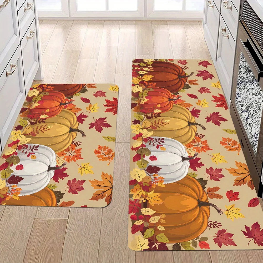 VIKAMA Tapis de Thanksgiving Citrouille Feuille d'érable Tapis de cuisine Tapis long Paillasson Salon Chambre Canapé Tapis de sol doux