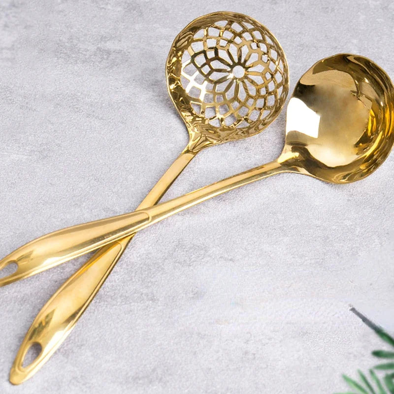 Cuillère à soupe commerciale en acier inoxydable à long manche, cuillère à pot chaud, grande cuillère à soupe dorée, pot chaud, 2 en 1