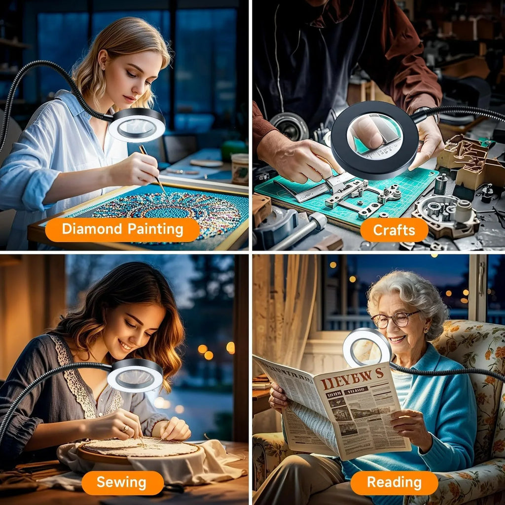 10X Magnifying Glass with 3 Color Modes LED Lighted Desk Lamp with Metal Clamp Flexible Gooseneck Magnifier for Reading Nail Art