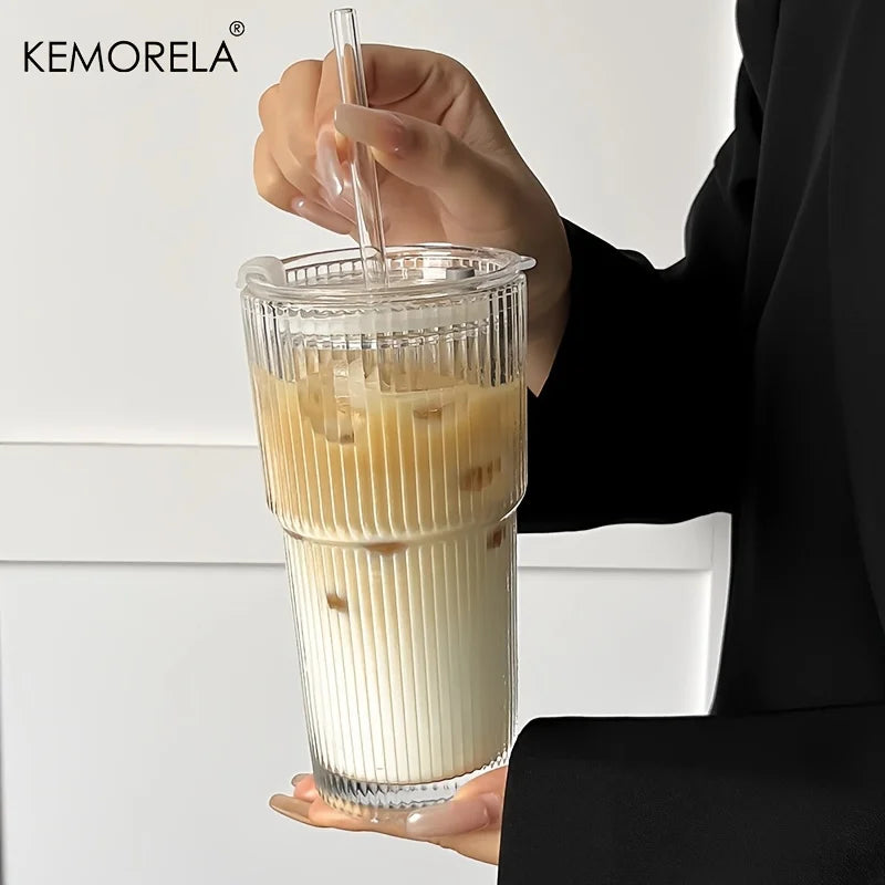 Vaso de café de cristal a rayas de 600 ml con tapa y vaso transparente sin pajita para zumo, café helado, tazas, vasos