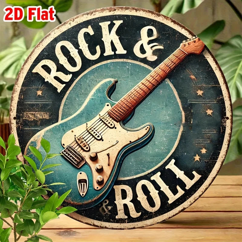 Señal de hojalata de metal de aluminio, con temática de guitarra de rock and roll, 2D PLANA, 1 pieza, arte de pared grabado en lámina para el hogar y la oficina