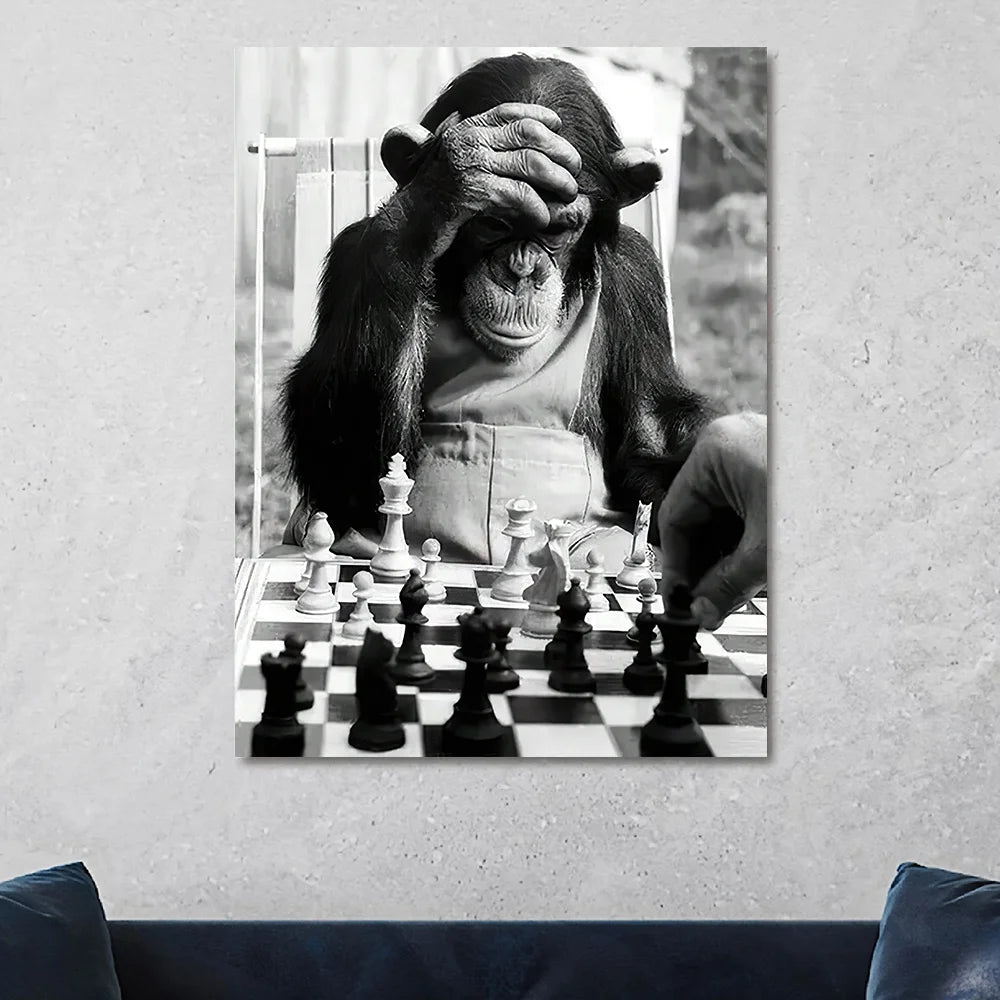 Classic Vintage Animal Wall Art Monkey Playing Chess HD Canvas Printed Poster Home Living Room Bedroom Decorative Painting